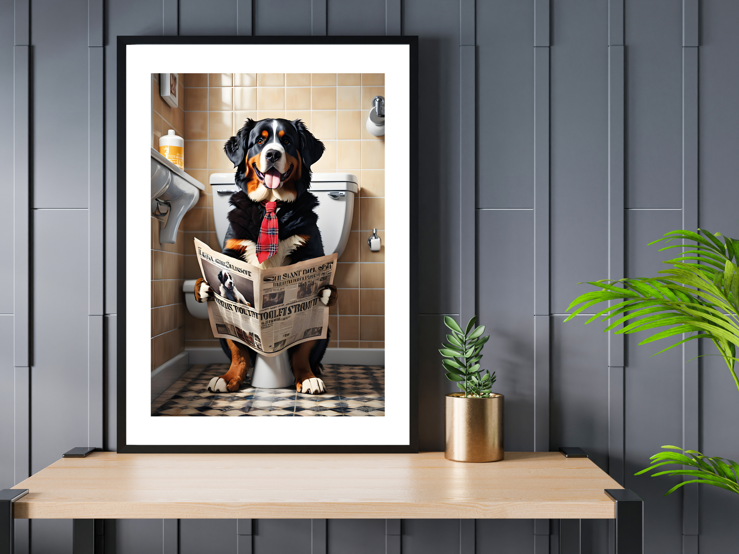 Bernese Mountain Dog on Toilet