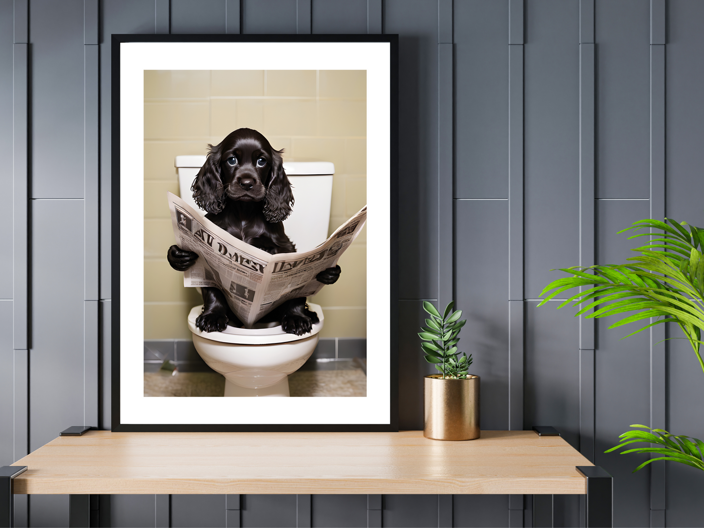 Black Cocker Spaniel on Toilet