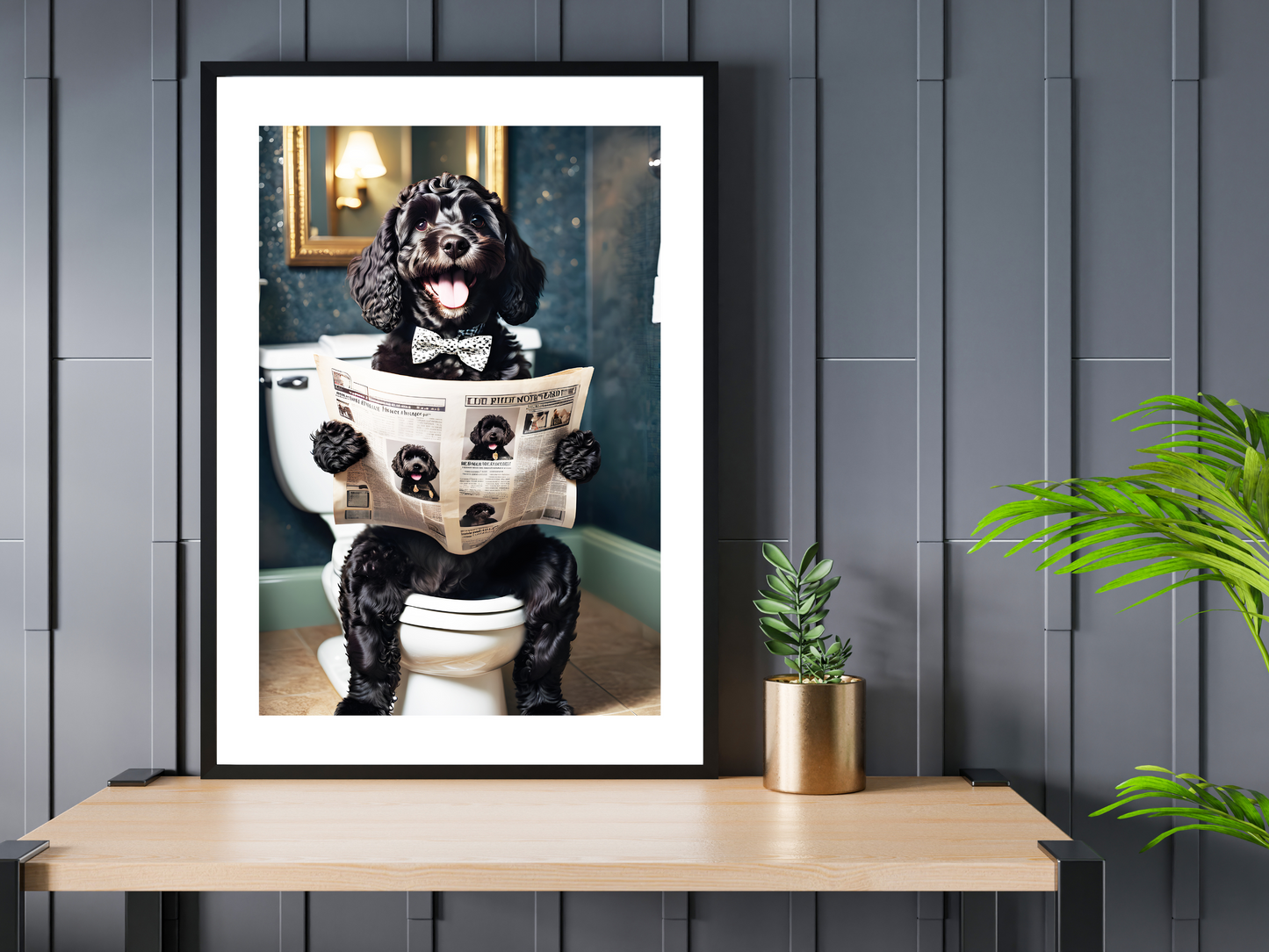 Black Cockapoo on Toilet with Bow Tie