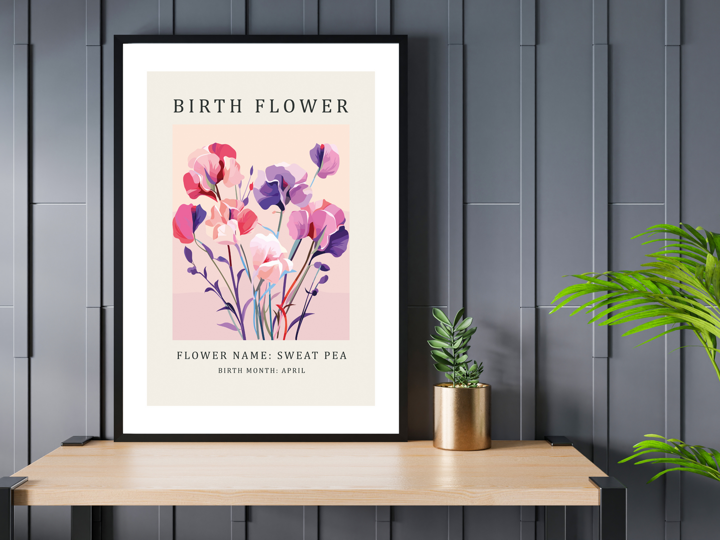 Birth Flower Print April Sweet Pea | Birthday Month Poster