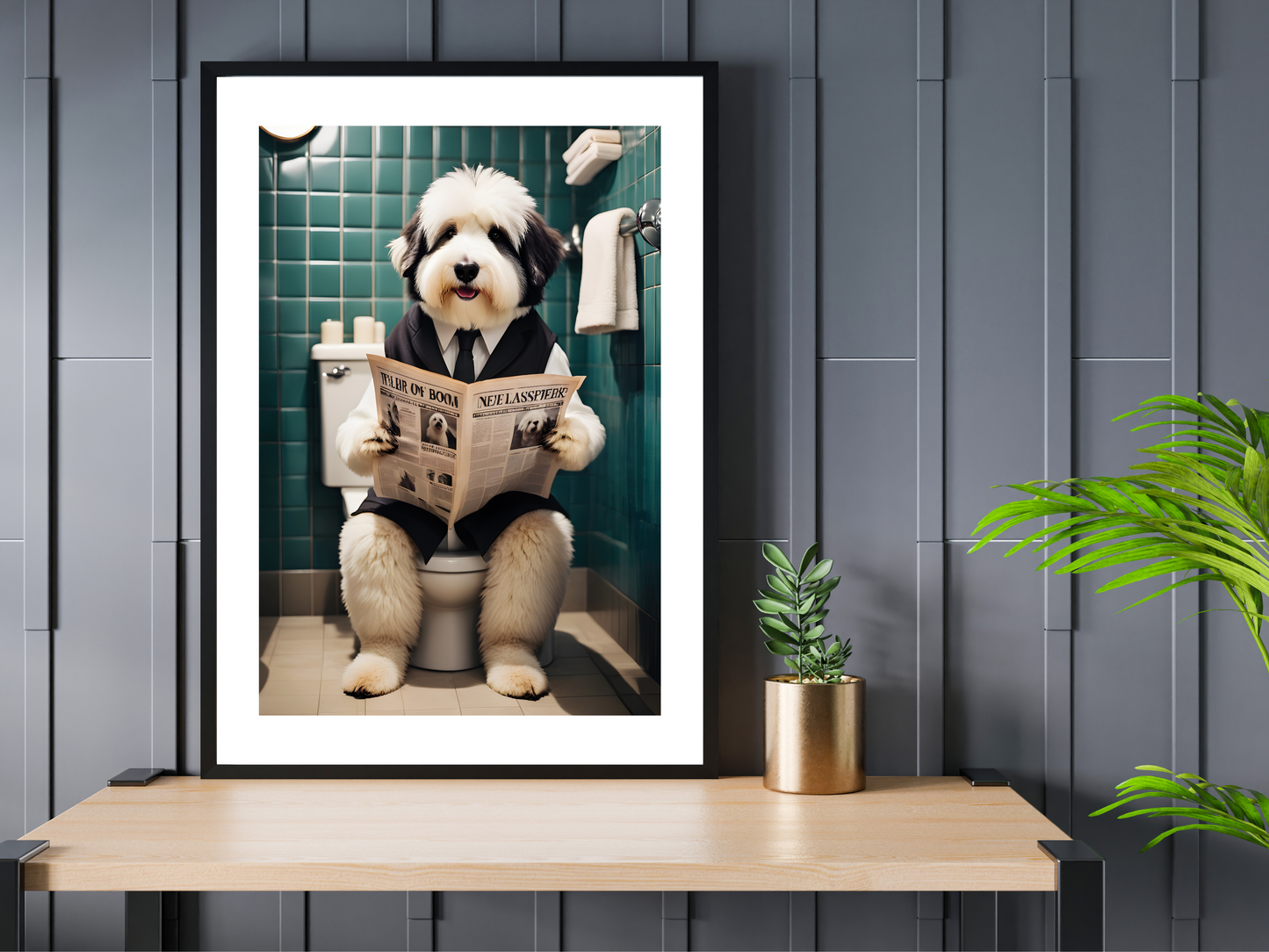 Old English Sheepdog on Toilet