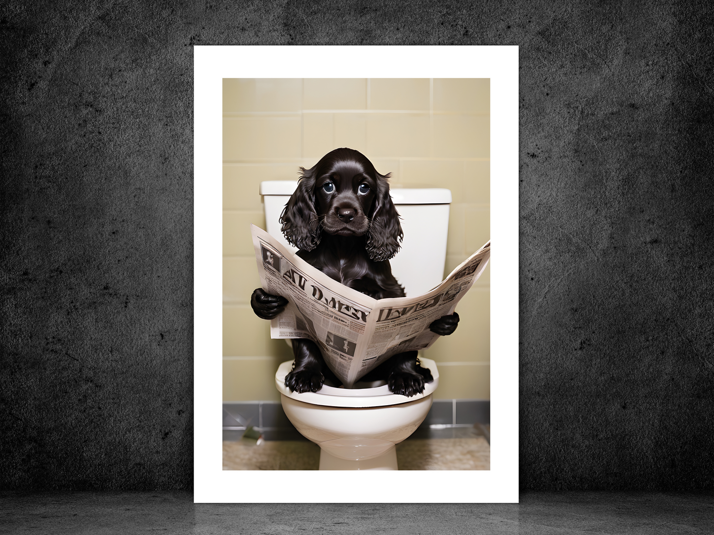 Black Cocker Spaniel on Toilet