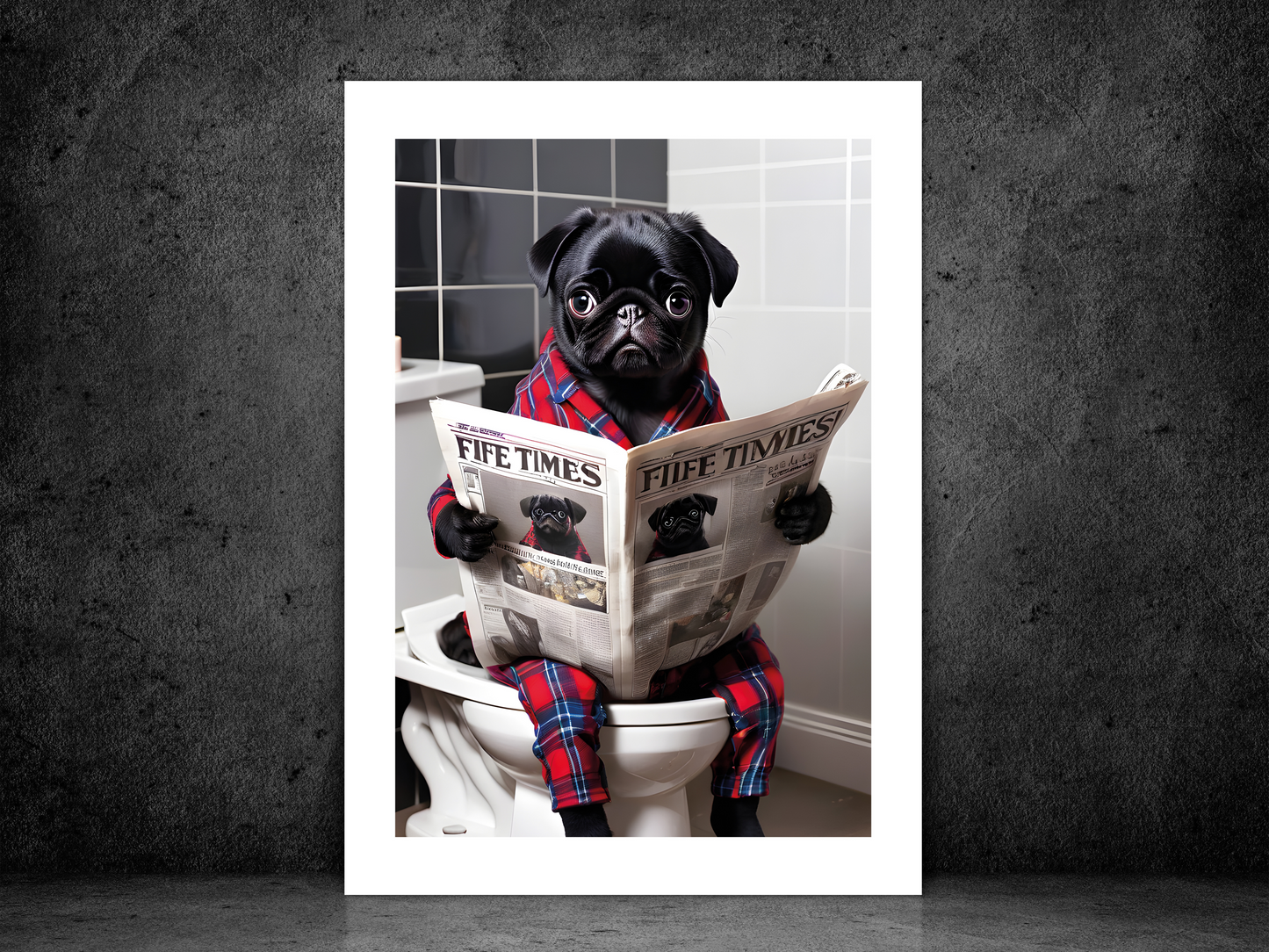 Black Pug on Toilet