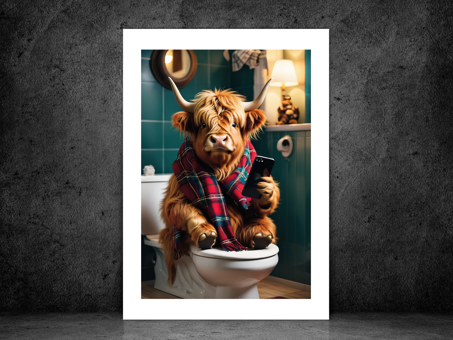 Highland Cow - On Toilet with Phone (Red Tartan Scarf)