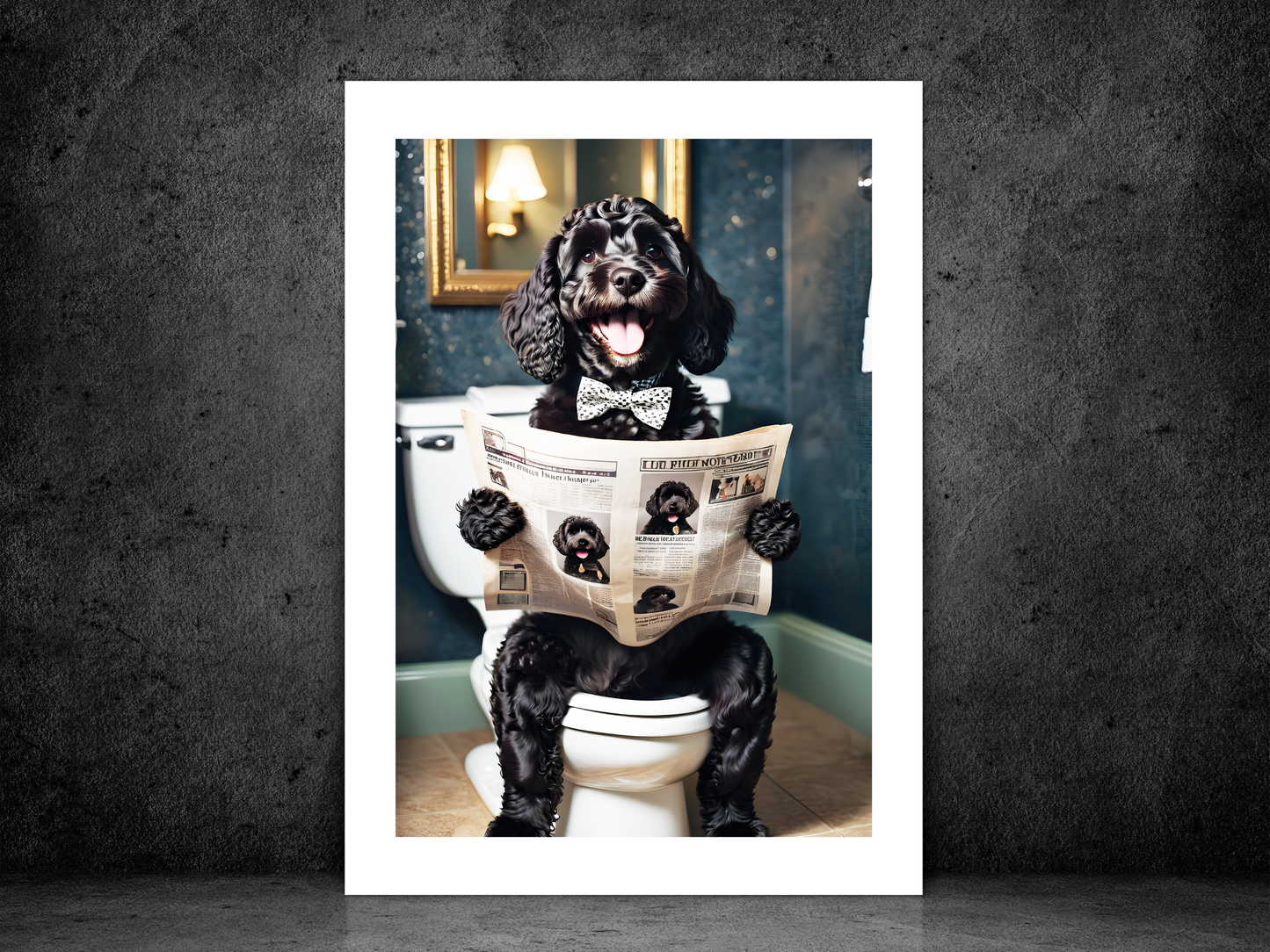 Black Cockapoo on Toilet with Bow Tie