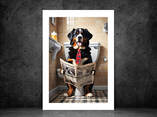 Bernese Mountain Dog on Toilet