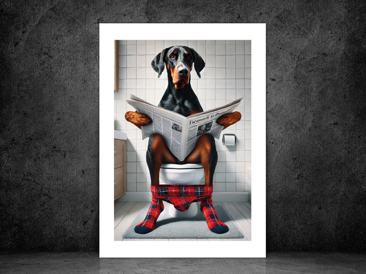 Floppy Ear Doberman on Toilet