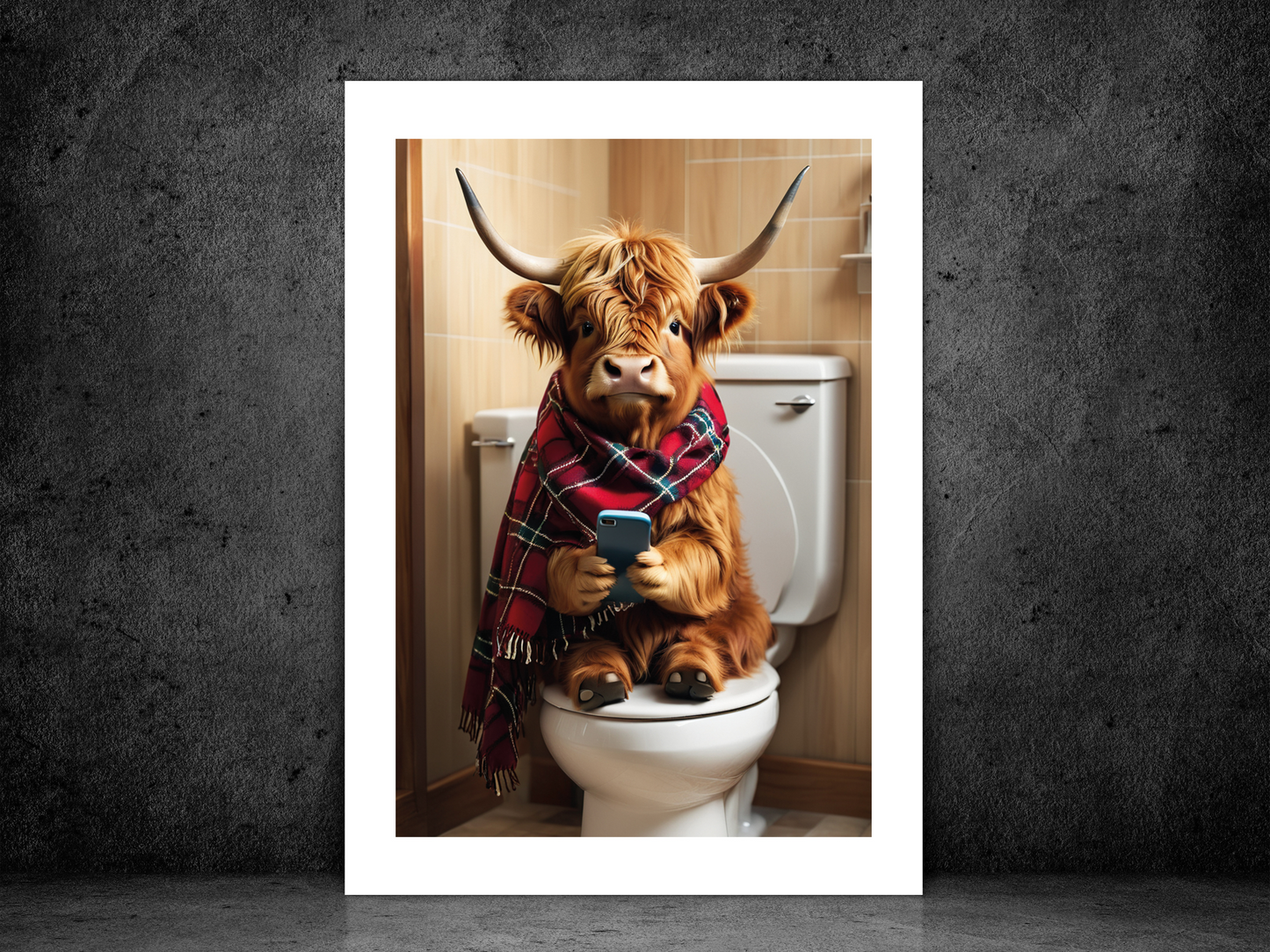 Highland Cow - On Toilet with Phone (Tartan Poncho)