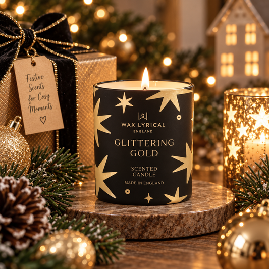 Glittering Gold Candle in a black jar with gold stars, lit on a wooden board with Christmas lights behind
