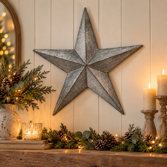 A rustic galvanized metal five-point star wall decor piece displayed on a cream paneled wall above a decorated Christmas mantel with pine garland, pinecones, eucalyptus, and lit candles.