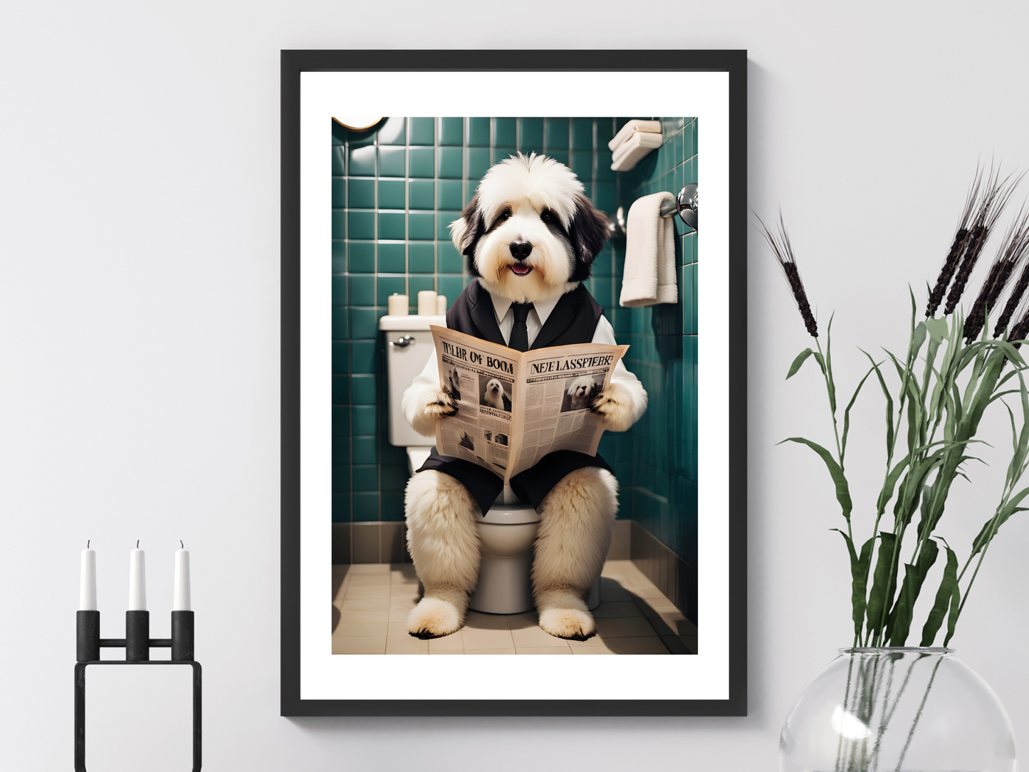 Old English Sheepdog on Toilet