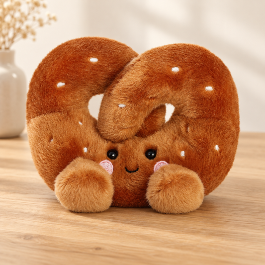 A plush pretzel toy with a soft brown faux-fur texture, embroidered black eyes, a small stitched smile, pink cheeks, and white sesame-seed details, sitting on a light wood tabletop.