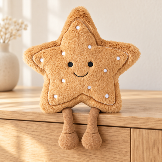 A plush star-shaped cushion in warm tan-brown with embroidered facial features and small white dot accents, sitting on a light wood surface in a softly lit indoor setting.