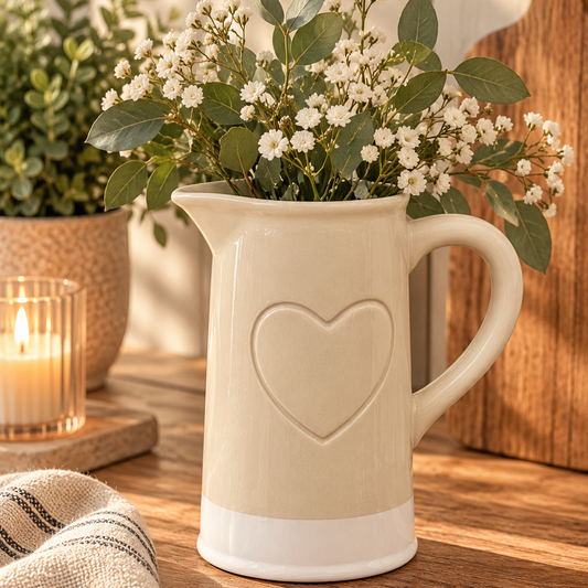 Heart Embossed Jug, a glossy cream ceramic jug with an embossed heart and curved handle