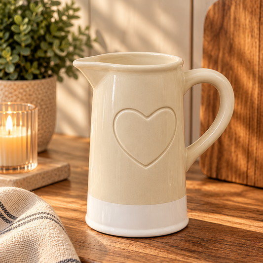 Heart Embossed Jug, alternative view of the cream ceramic jug, ideal for fresh or dried flowers