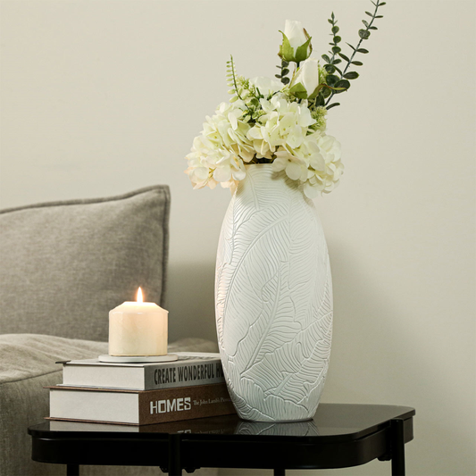 White Embossed Leaves Vase