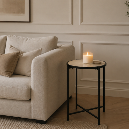 Black Metal End Table With Travertine Marble Top 55cm