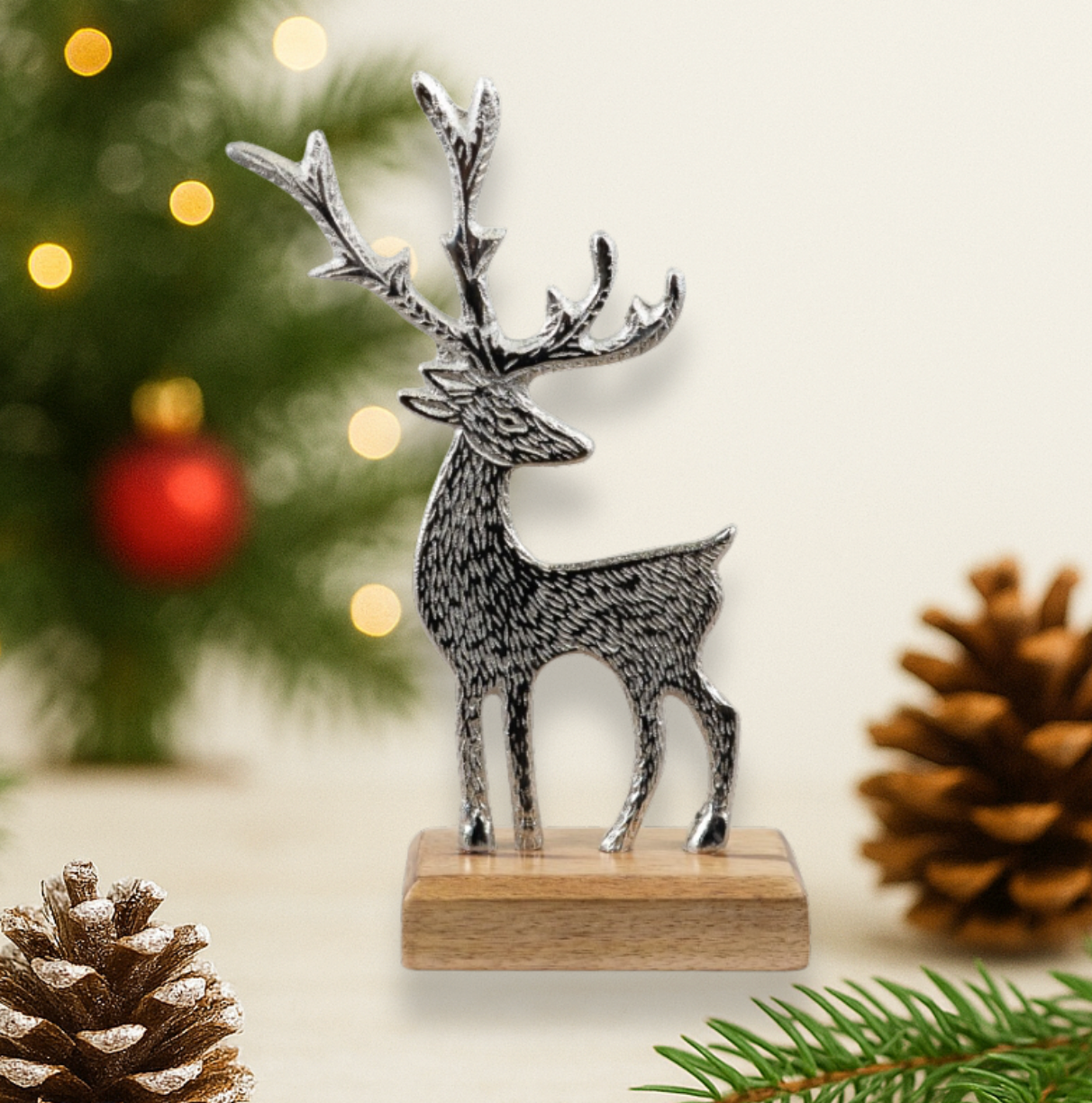 Aluminium Reindeer on Wooden Base
