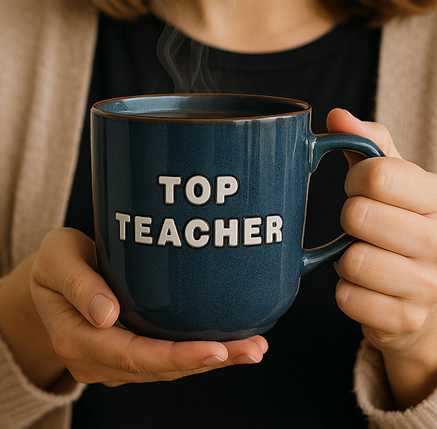 Person holding a blue mug with 'TOP TEACHER' text