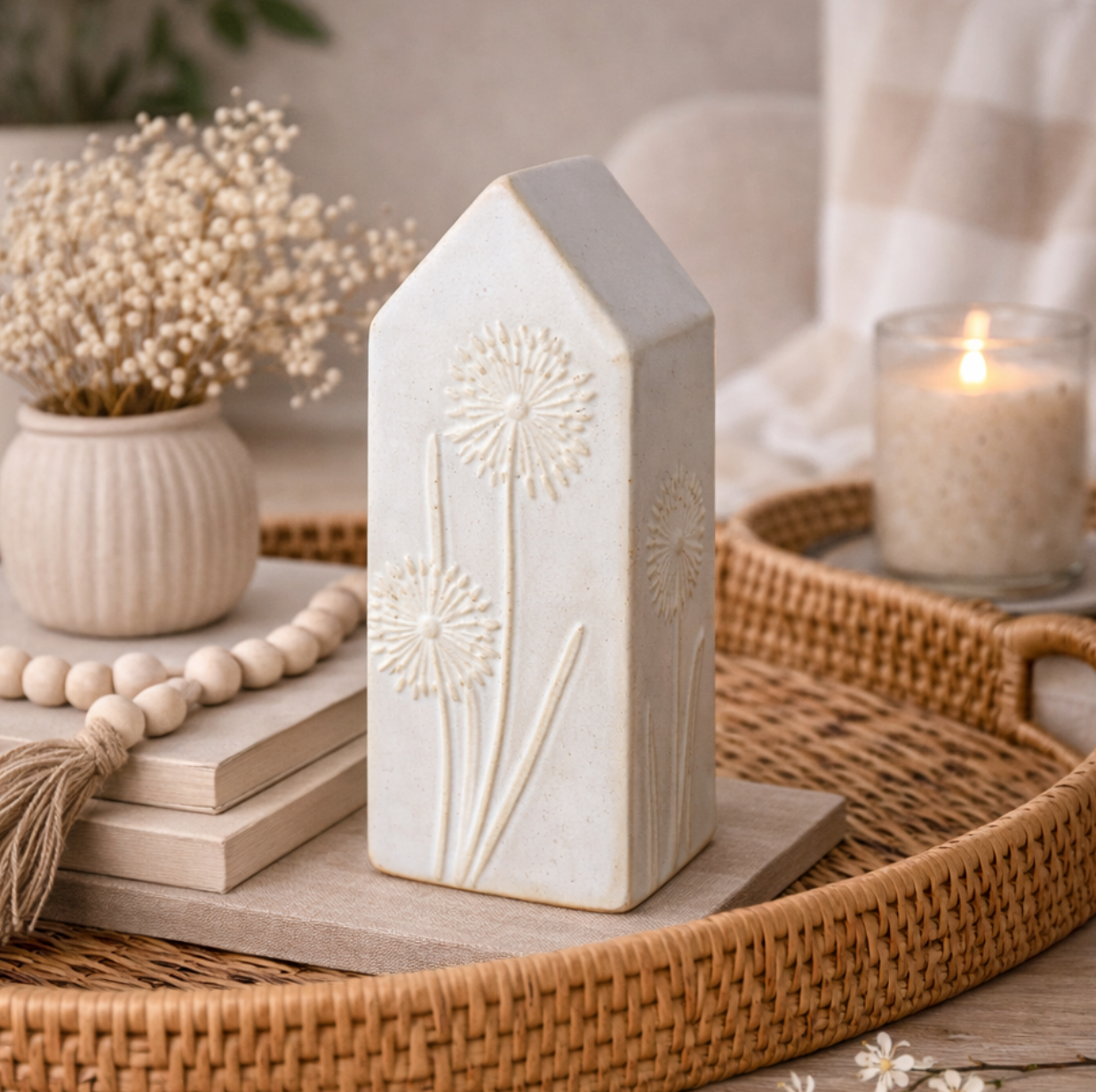 Tall Ceramic House Ornament & Dandelion Design