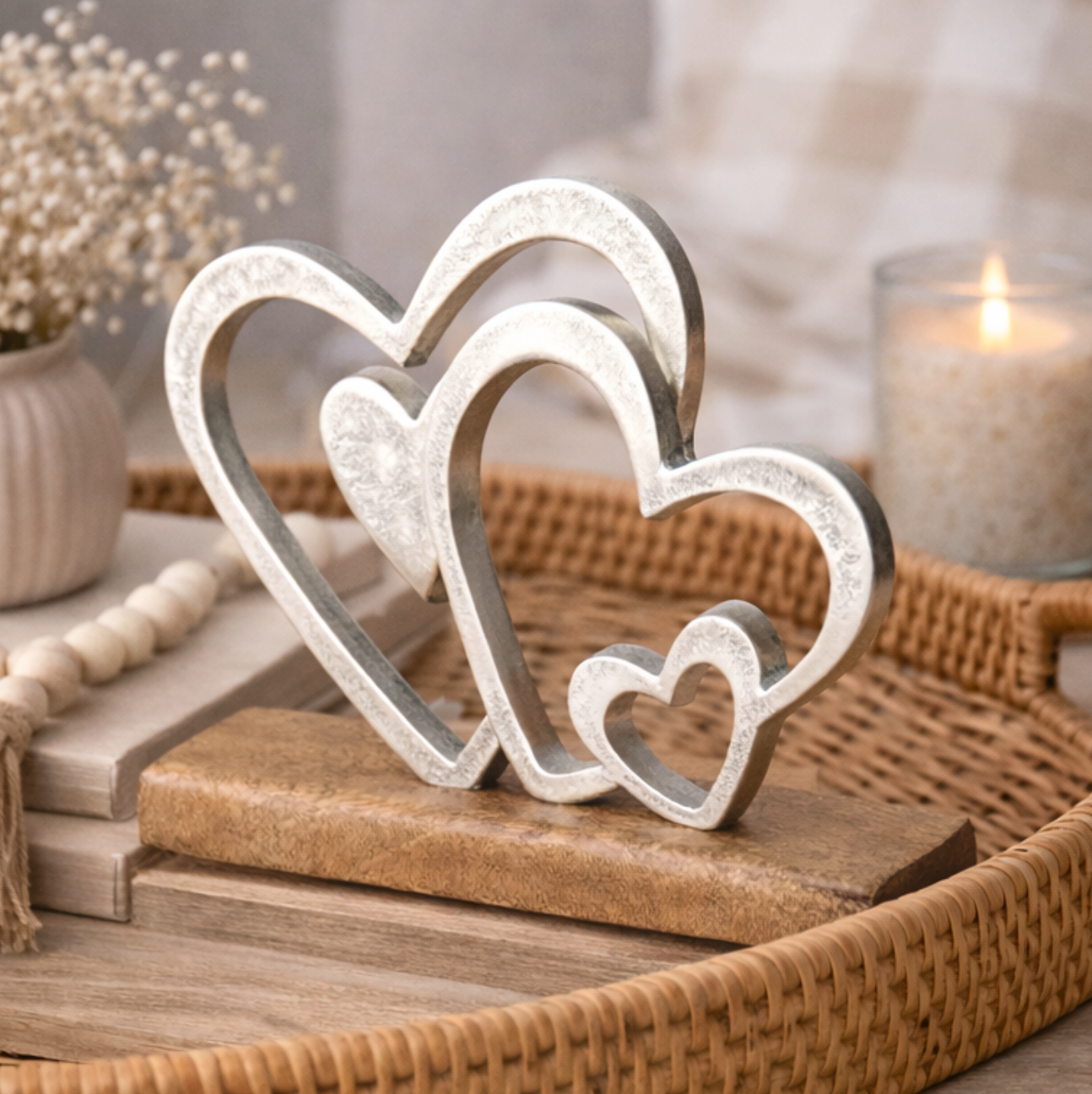 Silver Hearts On Wooden Block