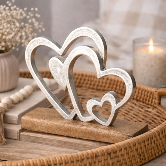 Silver Hearts On Wooden Block