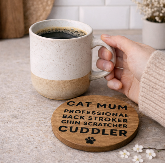 'Cat Mum' Round Wooden Coaster