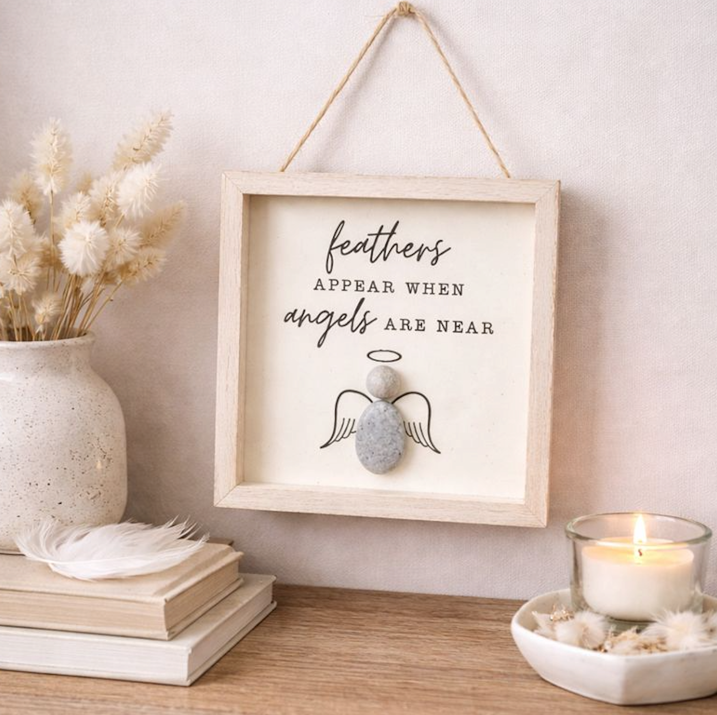 Hanging Angel Feather Pebble Plaque - “Feathers Appear When Angels Are Near”