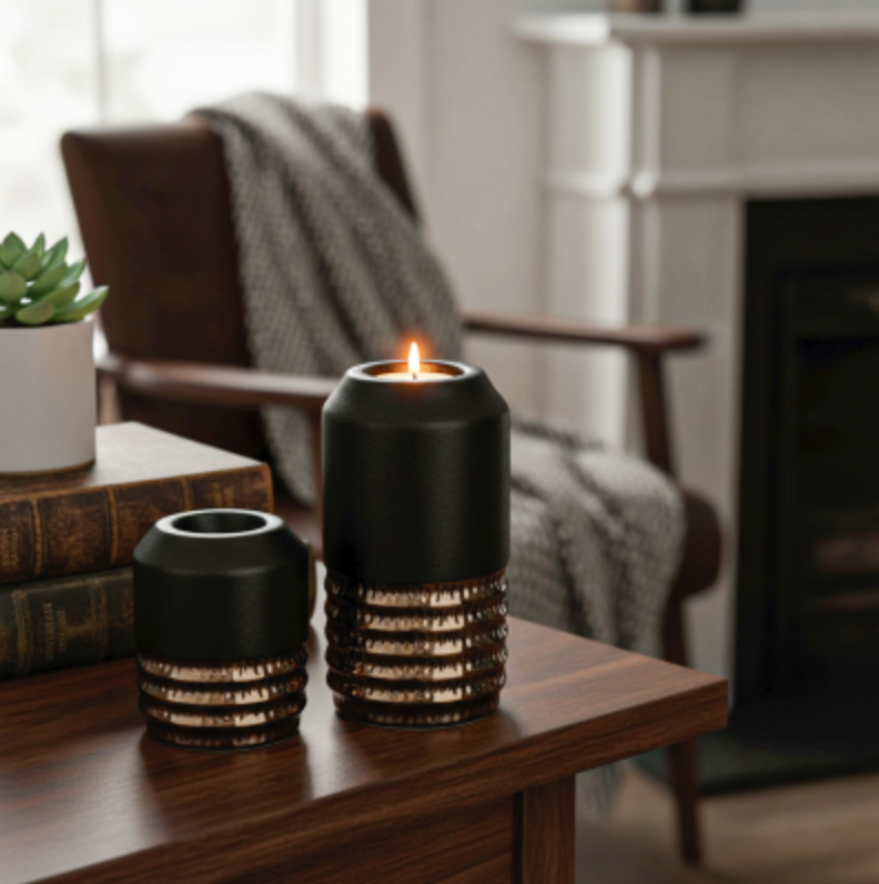 Black & Textured Bronze Tealight Holder | Medium