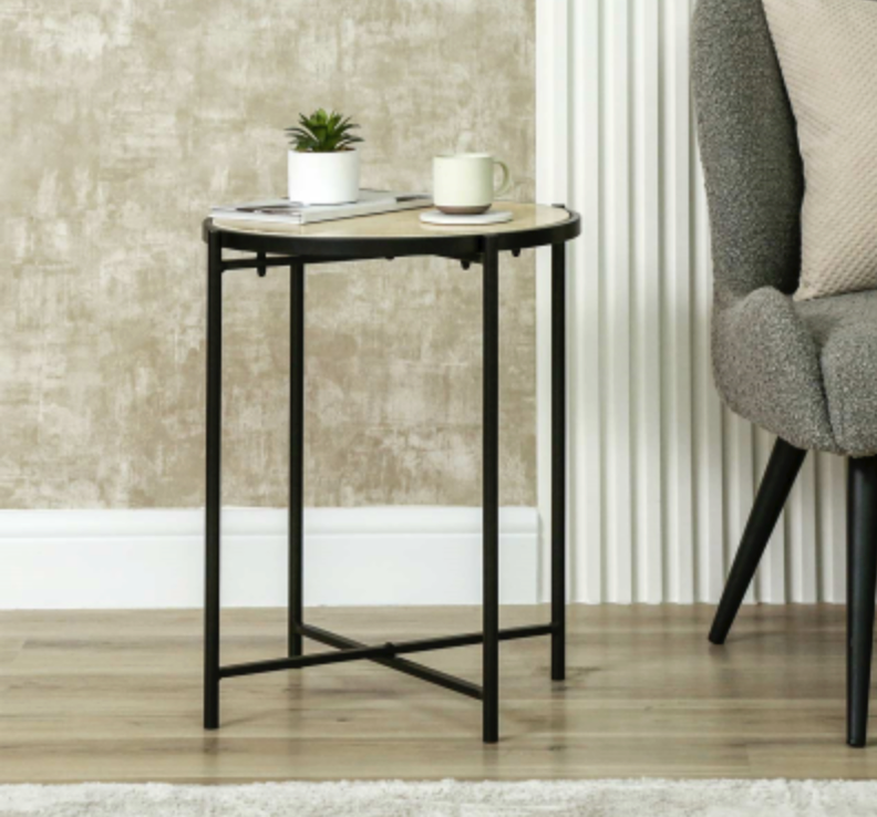 Black Metal End Table With Travertine Marble Top 55cm