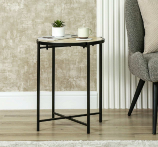 Black Metal End Table With Travertine Marble Top 55cm