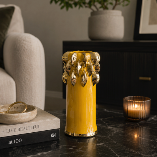 Yellow Ceramic Vase With Gold Design Detail | Medium