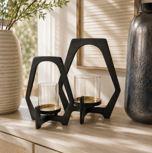 Black & Gold Metal Candle Holder Lantern | Large