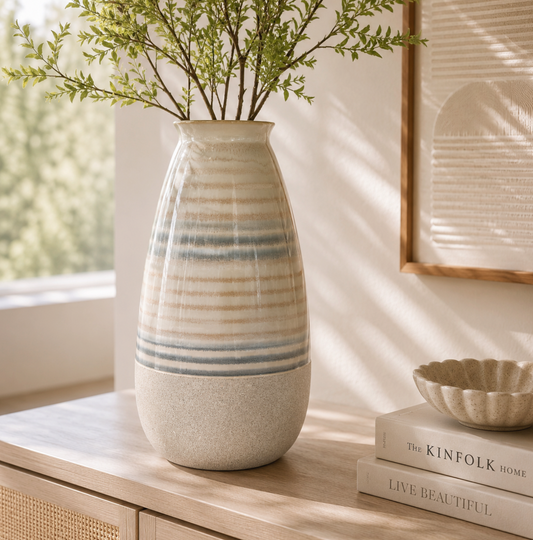 Striped Ceramic Vase – Neutral Glaze | Medium