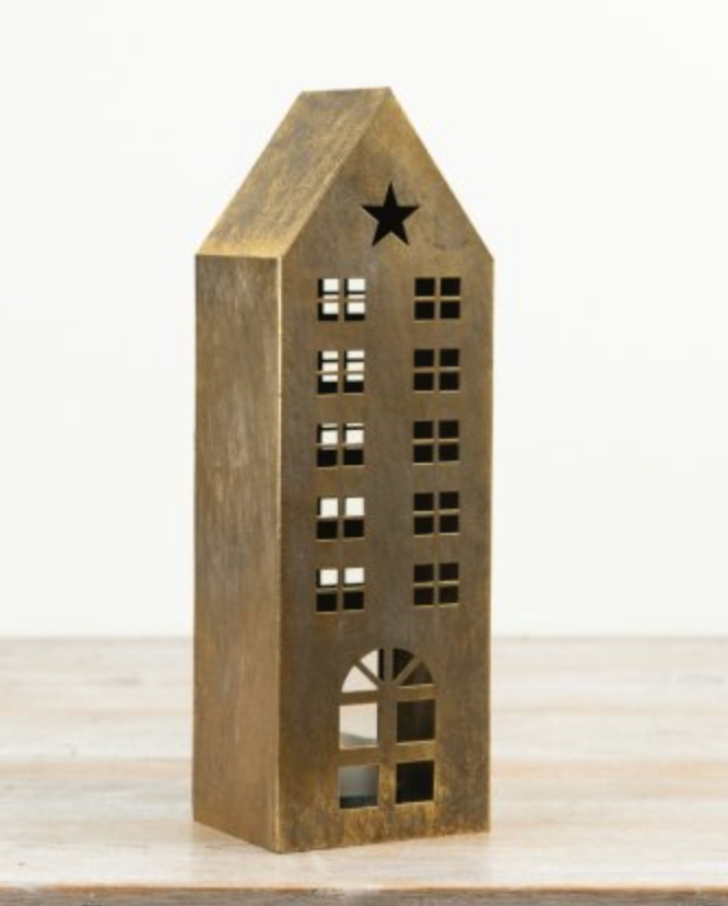 Antique Gold Metal House Tealight Holder