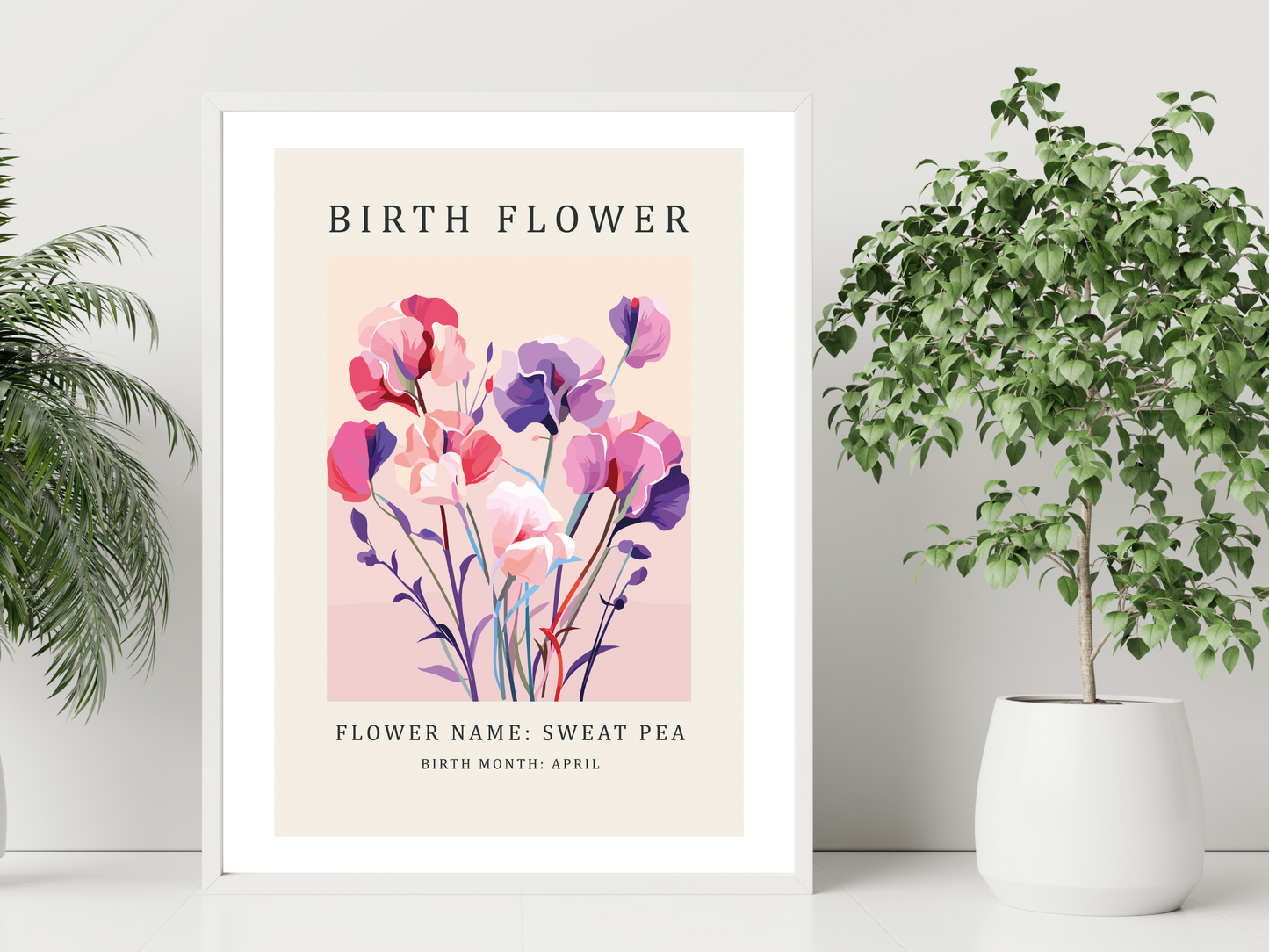 Birth Flower Print April Sweet Pea | Birthday Month Poster