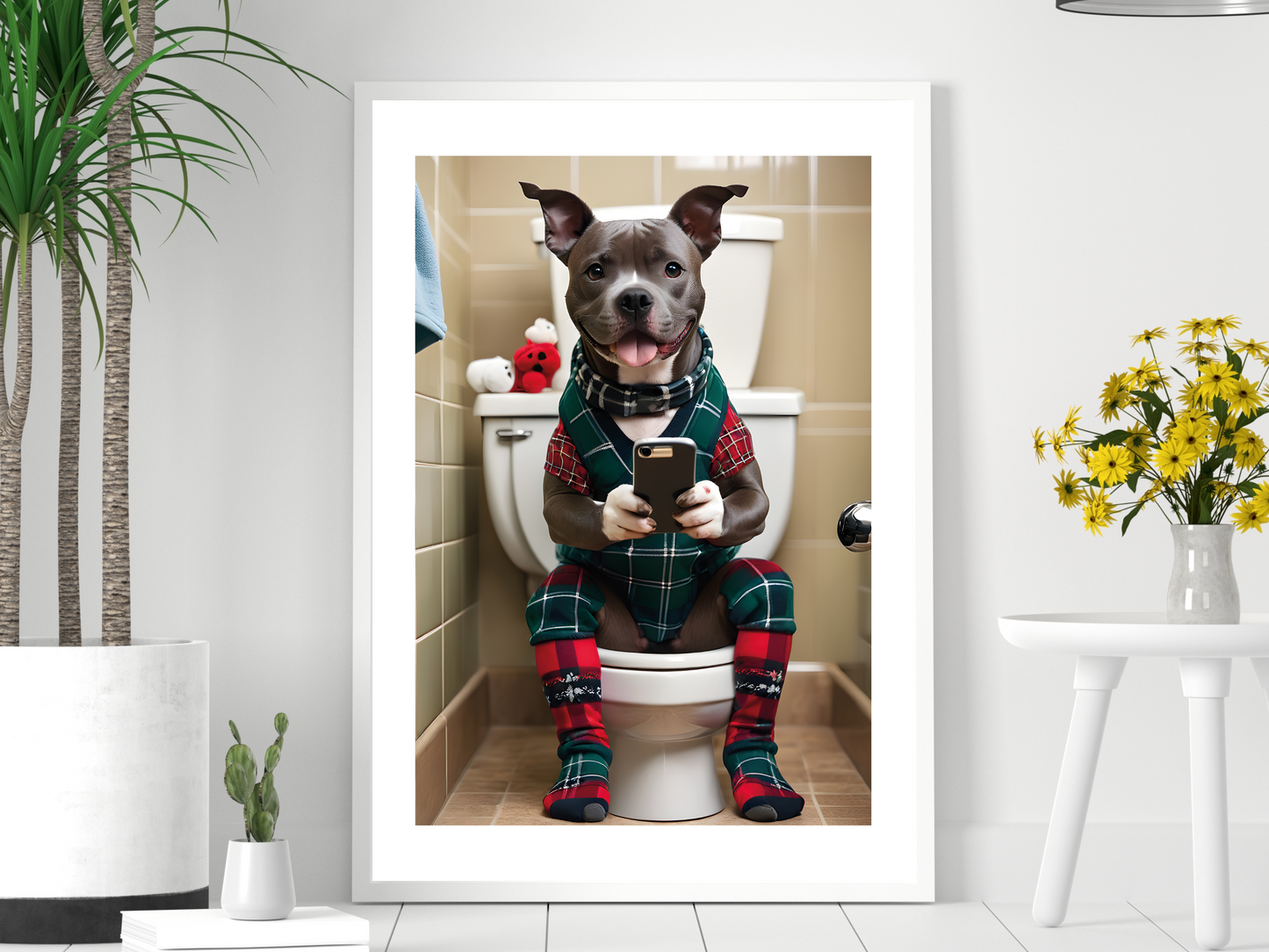 Staffordshire Bull Terrier on Toilet & Phone