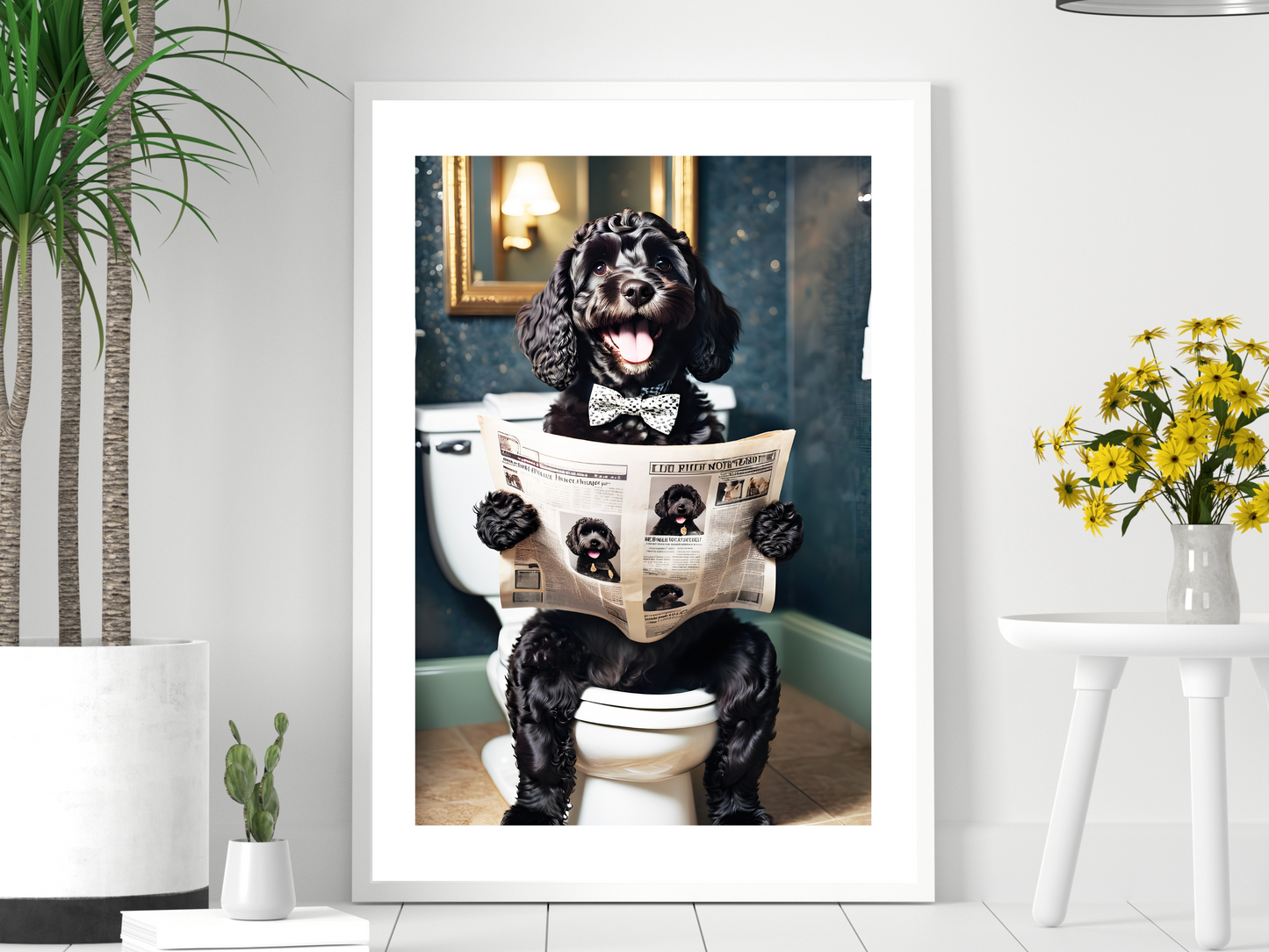 Black Cockapoo on Toilet with Bow Tie