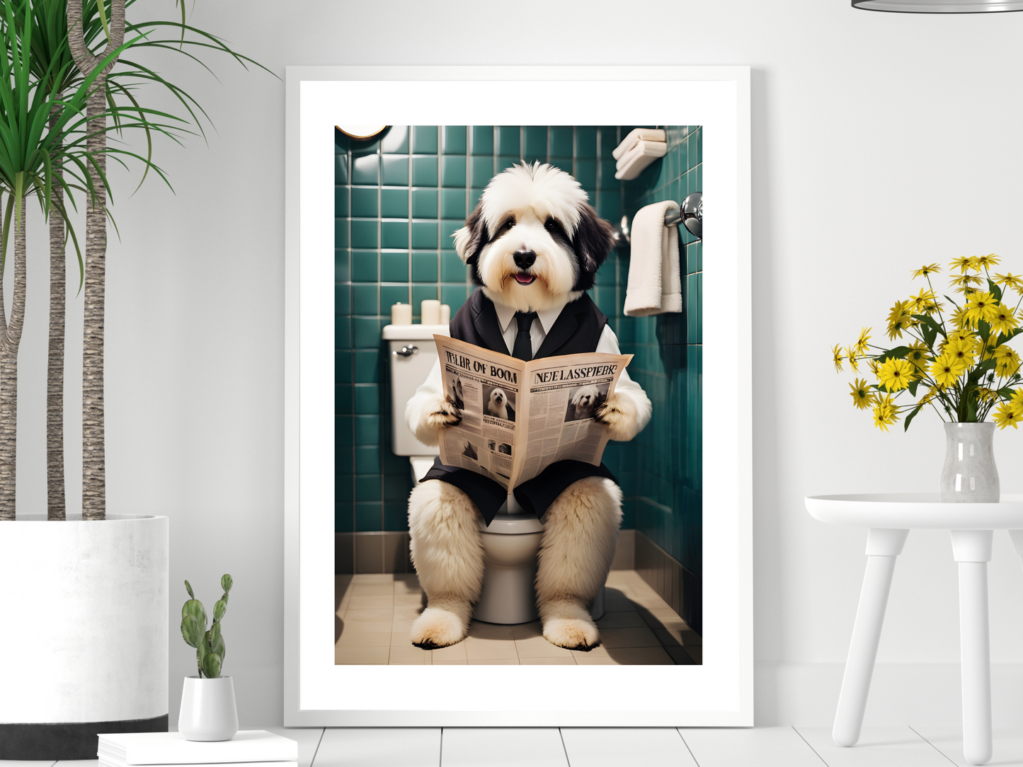 Old English Sheepdog on Toilet