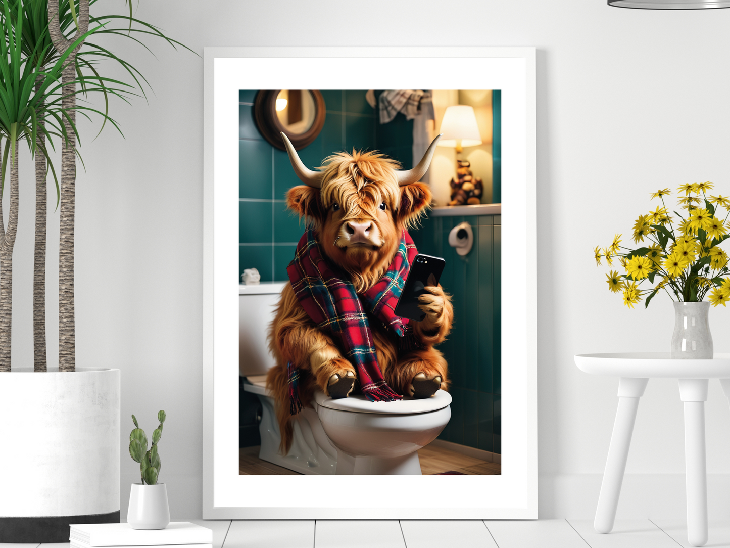 Highland Cow - On Toilet with Phone (Red Tartan Scarf)