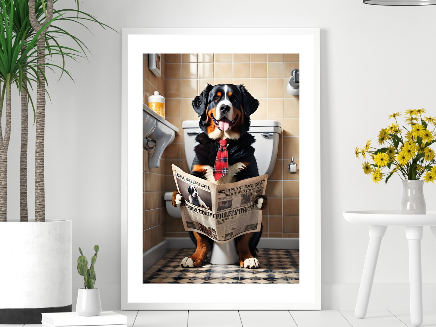 Bernese Mountain Dog on Toilet