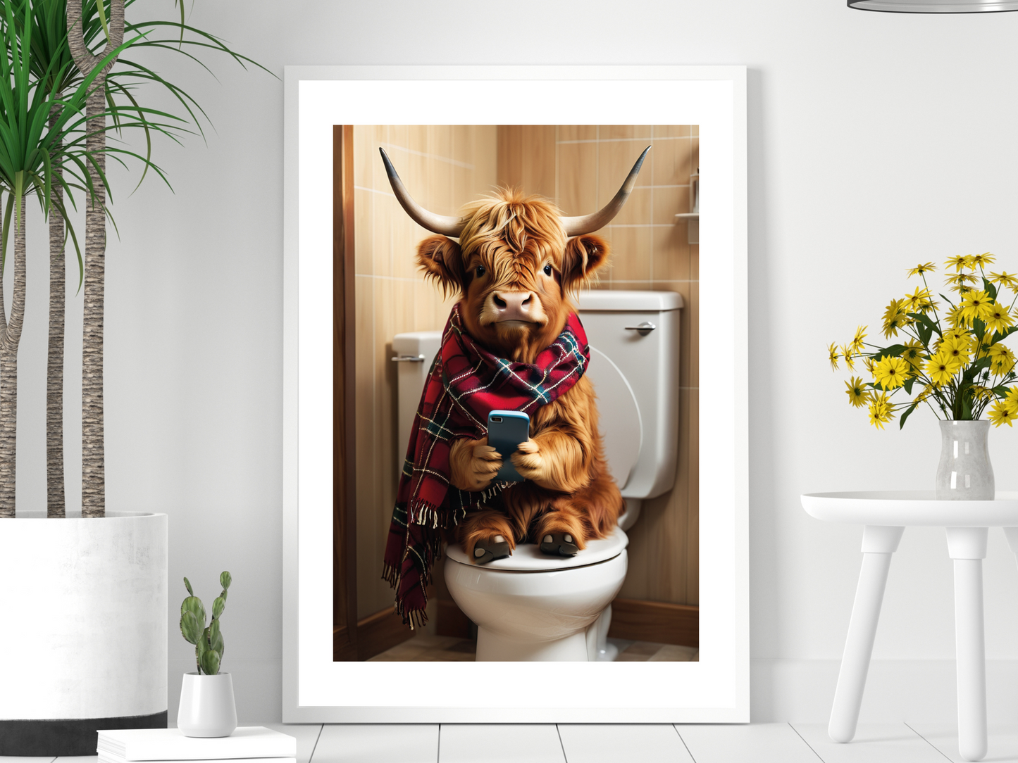 Highland Cow - On Toilet with Phone (Tartan Poncho)