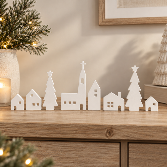White Wooden House & Tree Set, a row of white wooden cut-out houses and trees on a mantelpiece