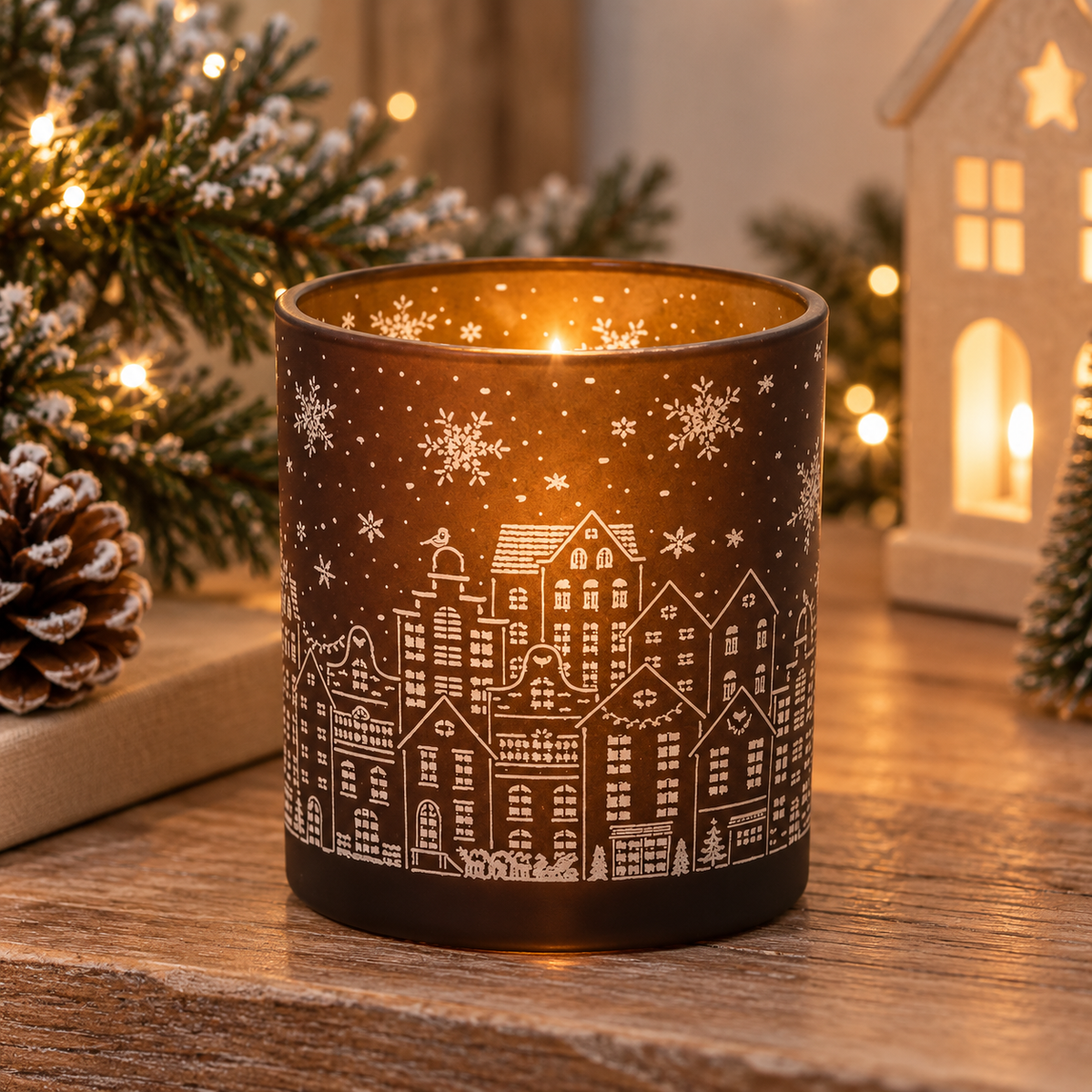 Winter Village Glass Tealight Holder