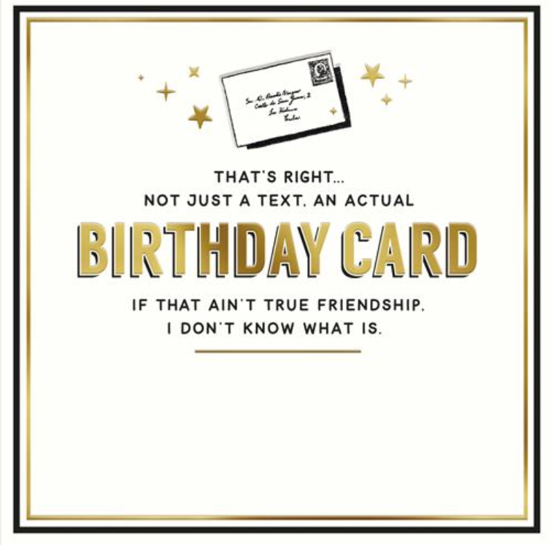 Actual Birthday Card greetings card with gold Birthday Card lettering, a small envelope and gold stars