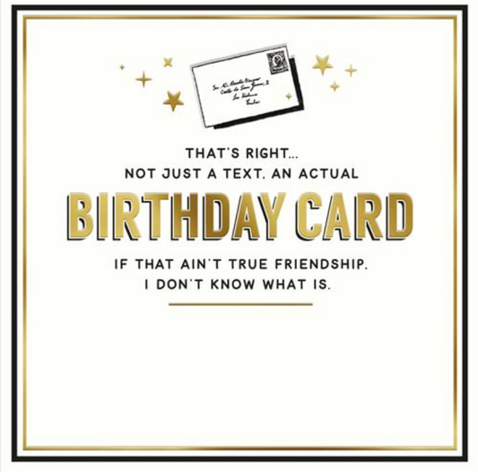 Actual Birthday Card greetings card with gold Birthday Card lettering, a small envelope and gold stars