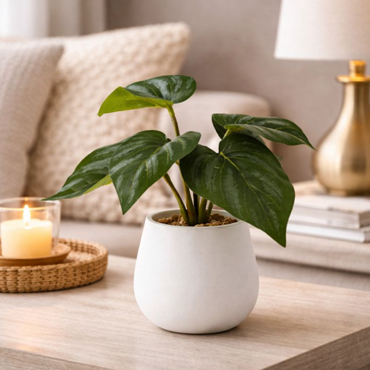 Alocasia Leaves in Cement Pot, artificial dark green leaves in a white pot on a living room side table