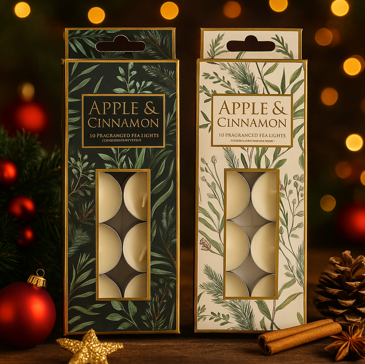 Apple & Cinnamon Tealights pack of 10 in green leaf-print boxes on a festive table