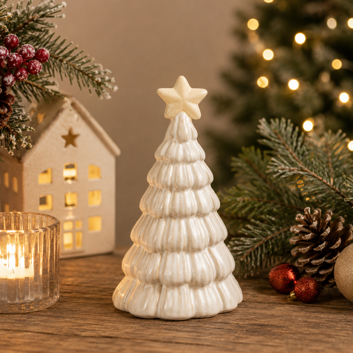 Neutral Star Tree Ornament - Large, white ribbed ceramic tree with star, beside a lit house