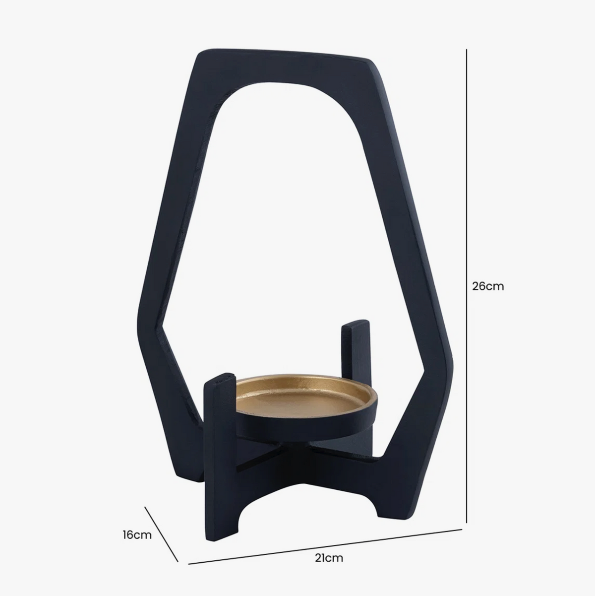 Black & Gold Metal Candle Holder Lantern, Medium, black hexagonal frame and gold tray with dimensions on white